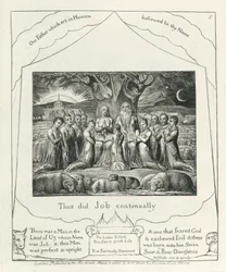 プレート1、ジョブと彼の家族、「ジョブブック」のイラスト、c.1825（紙にブラックカーボンインク）